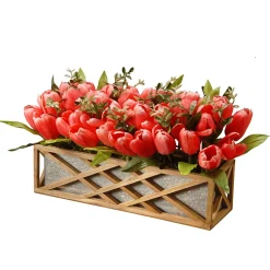 Online National Tree Company Artificial Planter Box, Decorated With Pink And Red Tulip Blooms, Leafy Greens, Includes Ornate Natural Wooden Base, Spring Collection, 10 Inches