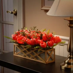 Online National Tree Company Artificial Planter Box, Decorated With Pink And Red Tulip Blooms, Leafy Greens, Includes Ornate Natural Wooden Base, Spring Collection, 10 Inches