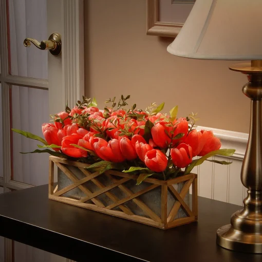 Online National Tree Company Artificial Planter Box, Decorated With Pink And Red Tulip Blooms, Leafy Greens, Includes Ornate Natural Wooden Base, Spring Collection, 10 Inches