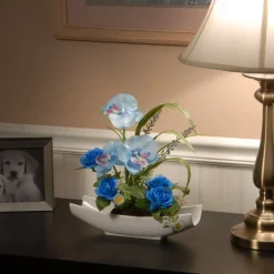 Sale National Tree Company Artificial Potted Flowers, White Orchid, Decorated With Blue Roses, Leafy Greens, Includes White Base, Spring Collection, 15 Inches