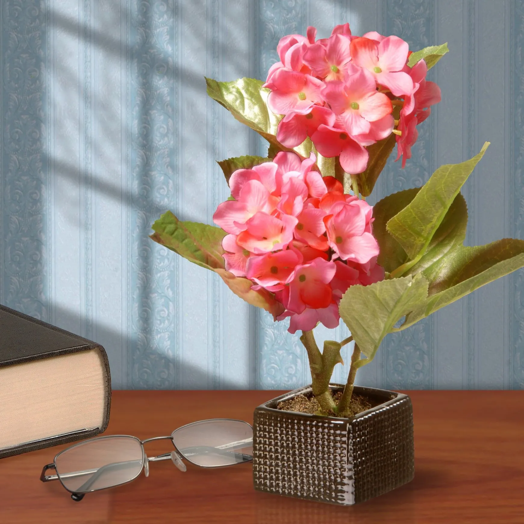 Clearance National Tree Company Artificial Potted Flowers, Pink Hydrangeas, Decorated With Leafy Greens, Includes Black Base, Spring Collection, 10 Inches