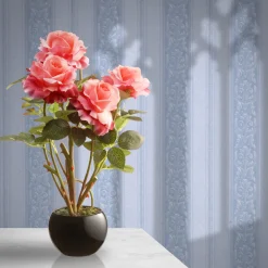 New National Tree Company Artificial Potted Flowers, Pink Roses, Includes Black Base, Spring Collection, 17 Inches