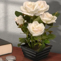 Sale National Tree Company Artificial Potted Flowers, White Roses, Includes Black Base, Spring Collection, 11 Inches