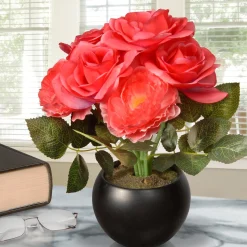 Fashion National Tree Company Artificial Potted Flowers, Pink Roses, Includes Black Base, Spring Collection, 9 Inches