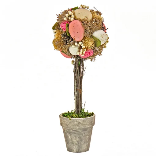 New National Tree Company Artificial Potted Plant, Decorated With Pastel Eggs, Berry Clusters, Leafy Greens, Includes Distressed Gray Pot, Easter Collection, 14 Inches