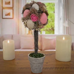 New National Tree Company Artificial Potted Plant, Decorated With Pastel Eggs, Berry Clusters, Leafy Greens, Includes Distressed Gray Pot, Easter Collection, 14 Inches