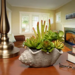 Flash Sale National Tree Company Artificial Potted Plant, Decorated With Various Green And Orange Succulents, Includes Stylish Conch Shell Cement Pot Base, Spring Collection, 11 Inches