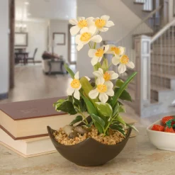 Store National Tree Company Artificial Potted Plant, Decorated With Narcissus Flower Blooms, Flowing Green Stems, Includes Stylish Brown Ceramic Pot Base, Spring Collection, 9 Inches