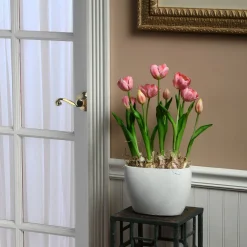 Cheap National Tree Company Artificial Potted Plant, Pink Tulips, Decorated With Vibrant Green Stems, Includes Stylish Ceramic Pot Base, Spring Collection, 18 Inches