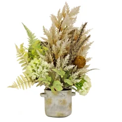 Outlet National Tree Company Artificial Potted Plant Table Decoration, White, Decorated With Hydrangea Blooms, Assorted Palms, Spring Collection, 33 Inches