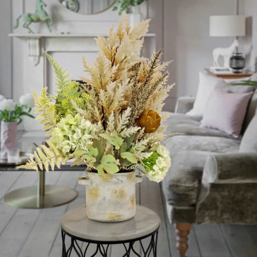 Outlet National Tree Company Artificial Potted Plant Table Decoration, White, Decorated With Hydrangea Blooms, Assorted Palms, Spring Collection, 33 Inches