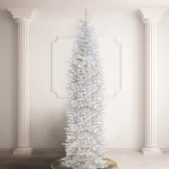 Hot National Tree Company Artificial Pre-Lit Slim Christmas Tree, White, Kingswood Fir, White Lights, Includes Stand, 12 Feet