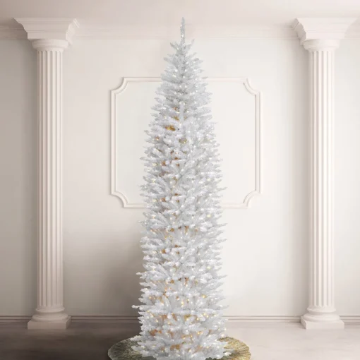 Hot National Tree Company Artificial Pre-Lit Slim Christmas Tree, White, Kingswood Fir, White Lights, Includes Stand, 12 Feet