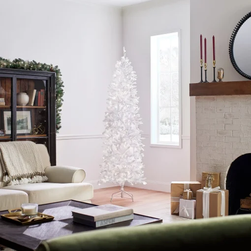 Clearance National Tree Company Artificial Pre-Lit Slim Christmas Tree, White, Kingswood Fir, White Lights, Includes Stand, 7 Feet