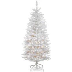 Store National Tree Company Artificial Pre-Lit Slim Christmas Tree, White, Kingswood Fir, White Lights, Includes Stand, 4.5 Feet