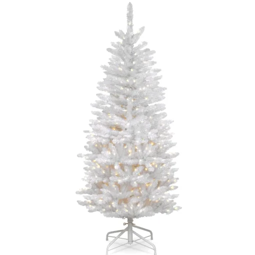 Store National Tree Company Artificial Pre-Lit Slim Christmas Tree, White, Kingswood Fir, White Lights, Includes Stand, 4.5 Feet