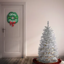 Store National Tree Company Artificial Pre-Lit Slim Christmas Tree, White, Kingswood Fir, White Lights, Includes Stand, 4.5 Feet