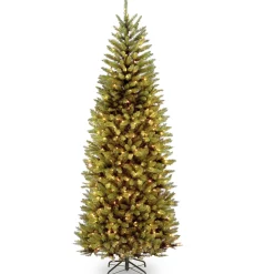 Fashion National Tree Company Artificial Pre-Lit Slim Christmas Tree, Green, Kingswood Fir, Dual Color Led Lights, Includes Stand, 7.5 Feet