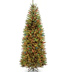 Fashion National Tree Company Artificial Pre-Lit Slim Christmas Tree, Green, Kingswood Fir, Dual Color Led Lights, Includes Stand, 7.5 Feet