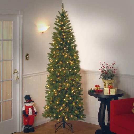 Fashion National Tree Company Artificial Pre-Lit Slim Christmas Tree, Green, Kingswood Fir, Dual Color Led Lights, Includes Stand, 7.5 Feet