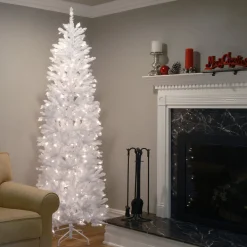 Discount National Tree Company Artificial Pre-Lit Slim Christmas Tree, White, Kingswood Fir, White Lights, Includes Stand, 7.5 Feet