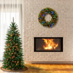 Cheap National Tree Company Artificial Pre-Lit Slim Christmas Tree, Green, Kingswood Fir, Multicolor Lights, Includes Stand, 4.5 Feet