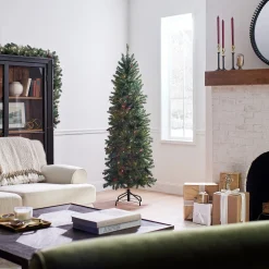 Shop National Tree Company Artificial Pre-Lit Slim Christmas Tree, Green, Kingswood Fir, Multicolor Lights, Includes Stand, 6.5 Feet