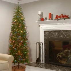 Shop National Tree Company Artificial Pre-Lit Slim Christmas Tree, Green, Kingswood Fir, Multicolor Lights, Includes Stand, 6.5 Feet