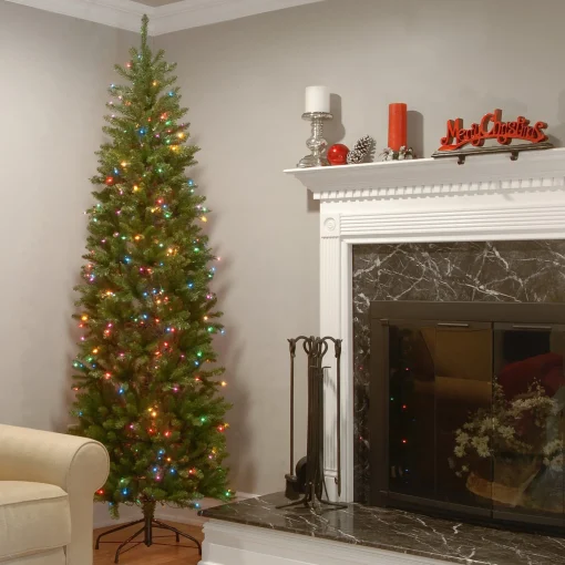 Shop National Tree Company Artificial Pre-Lit Slim Christmas Tree, Green, Kingswood Fir, Multicolor Lights, Includes Stand, 6.5 Feet