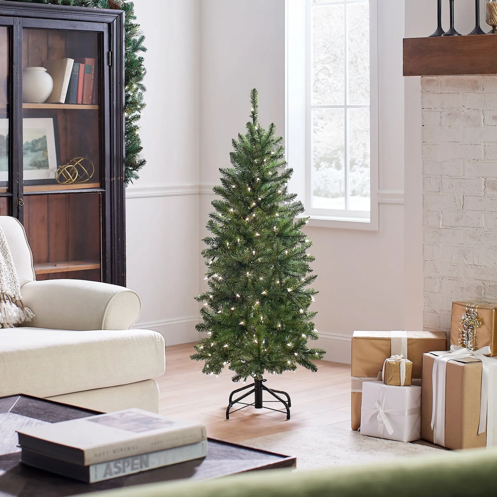 Clearance National Tree Company Artificial Pre-Lit Slim Christmas Tree, Green, Kingswood Fir, White Lights, Includes Stand, 4.5 Feet