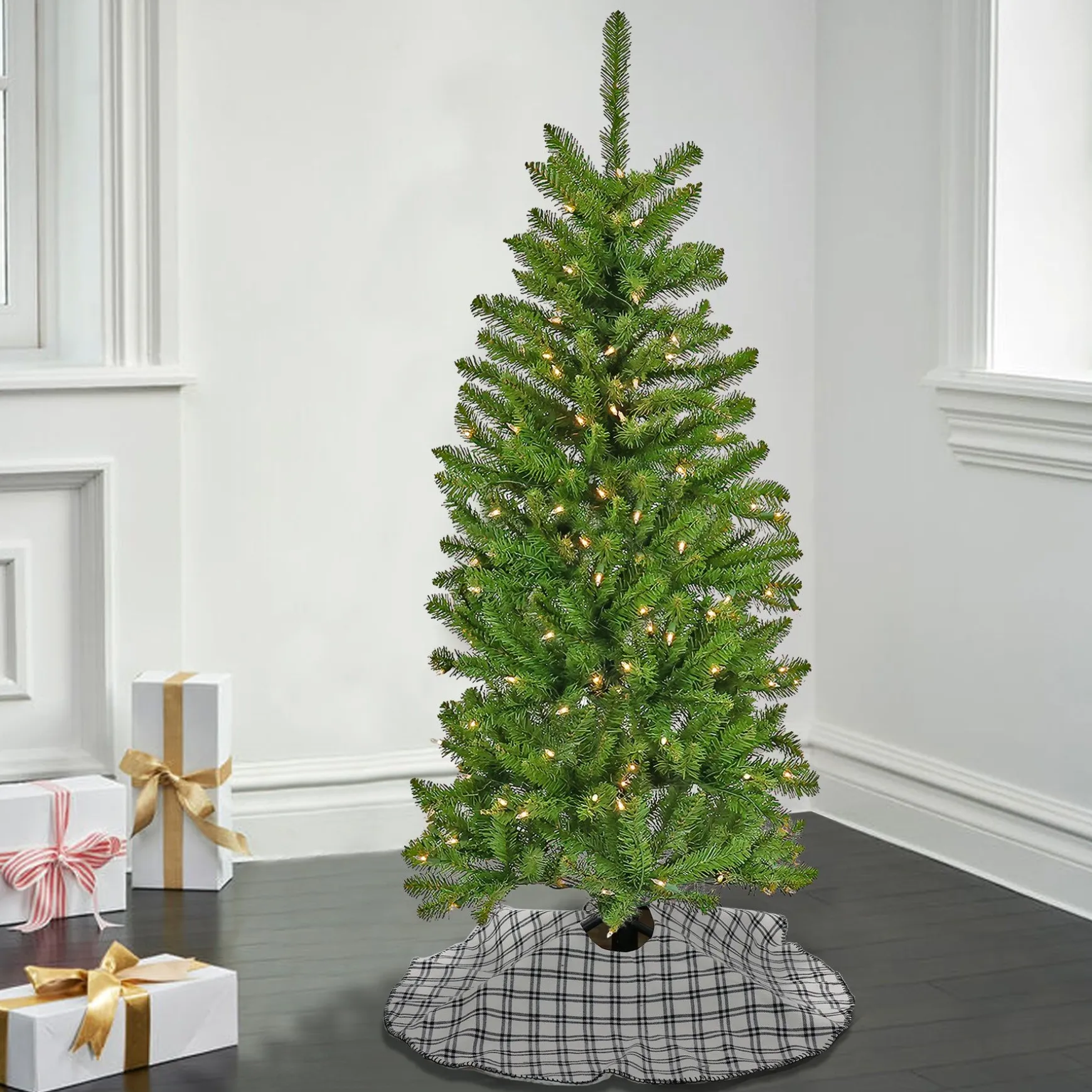 Clearance National Tree Company Artificial Pre-Lit Slim Christmas Tree, Green, Kingswood Fir, White Lights, Includes Stand, 4.5 Feet