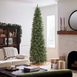 Best Sale National Tree Company Artificial Pre-Lit Slim Christmas Tree, Green, Kingswood Fir, White Lights, Includes Stand, 10 Feet