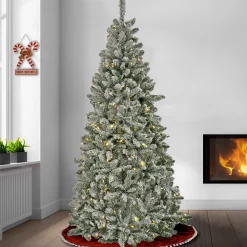New National Tree Company Artificial Snowy Chatham Slim Hinged Christmas Tree 3, Pre-Lit With Powerconnect Dual Colored Led Lights, Plug In, 6.5 Ft