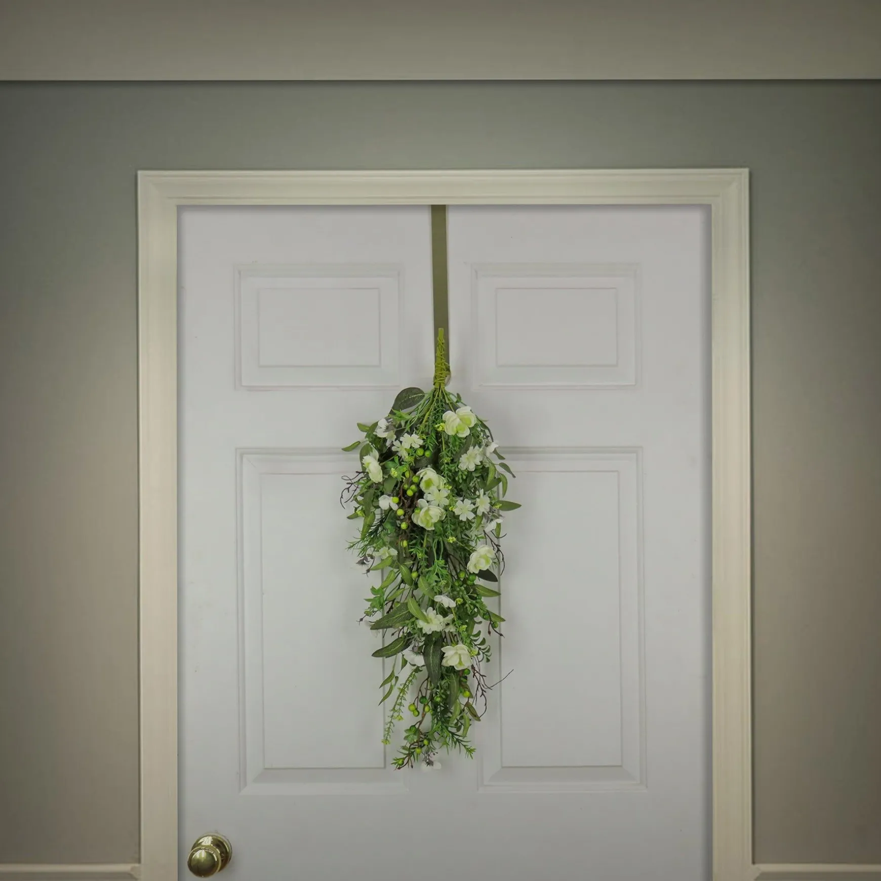 Clearance National Tree Company Artificial Spring Teardrop Hanging Decoration, Vine Stem Base, Decorated With Flower Blooms, Berries, Leafy Greens, Spring Collection, 28 Inches