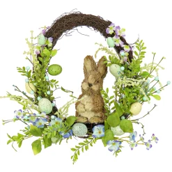 Cheap National Tree Company Artificial Spring Wreath, Woven Branch Base, Decorated With Wooden Bunny, Blue Flower Blooms, Pastel Eggs, Berries, Easter Collection, 16 Inches