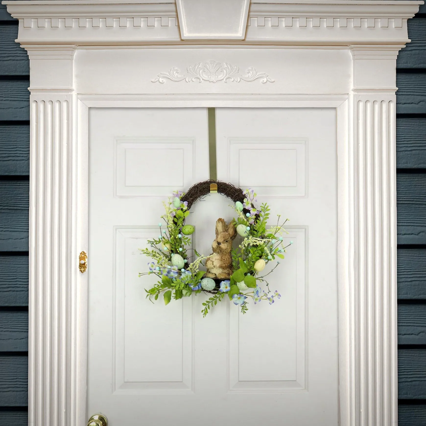 Cheap National Tree Company Artificial Spring Wreath, Woven Branch Base, Decorated With Wooden Bunny, Blue Flower Blooms, Pastel Eggs, Berries, Easter Collection, 16 Inches