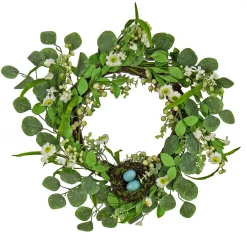 New National Tree Company Artificial Spring Wreath, Woven Branch Base, Decorated With Spring Blooms, Berries, Bird'S Nest With Pastel Eggs, Spring Collection, 20 Inches