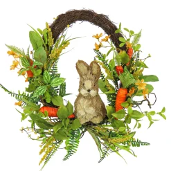 New National Tree Company Artificial Spring Wreath, Woven Branch Base, Decorated With Wooden Bunny, Carrots, Leafy Greens, Berries, Easter Collection, 16 Inches