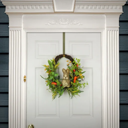 New National Tree Company Artificial Spring Wreath, Woven Branch Base, Decorated With Wooden Bunny, Carrots, Leafy Greens, Berries, Easter Collection, 16 Inches