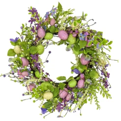 Discount National Tree Company Artificial Spring Wreath, Woven Branch Base, Decorated With Purple Flower Blooms, Pastel Eggs, Berries, Easter Collection, 20 Inches