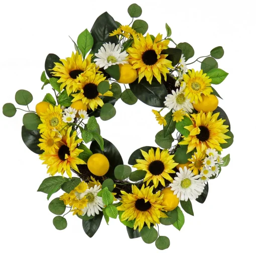 Outlet National Tree Company Artificial Spring Wreath, Woven Branch Base, Decorated With Daisy And Sunflower Blooms, Lemons, Leafy Greens, Spring Collection, 24 Inches