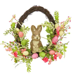 Hot National Tree Company Artificial Spring Wreath, Woven Branch Base, Decorated With Wooden Bunny, Pink Flower Blooms, Pastel Eggs, Berries, Easter Collection, 16 Inches