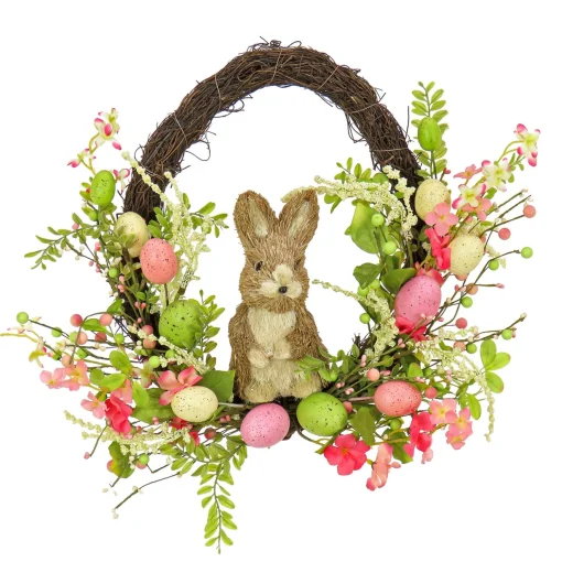 Hot National Tree Company Artificial Spring Wreath, Woven Branch Base, Decorated With Wooden Bunny, Pink Flower Blooms, Pastel Eggs, Berries, Easter Collection, 16 Inches