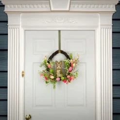 Hot National Tree Company Artificial Spring Wreath, Woven Branch Base, Decorated With Wooden Bunny, Pink Flower Blooms, Pastel Eggs, Berries, Easter Collection, 16 Inches