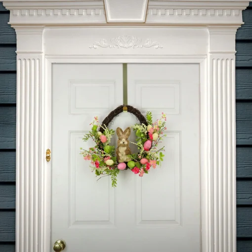 Hot National Tree Company Artificial Spring Wreath, Woven Branch Base, Decorated With Wooden Bunny, Pink Flower Blooms, Pastel Eggs, Berries, Easter Collection, 16 Inches