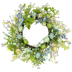 Fashion National Tree Company Artificial Spring Wreath, Woven Branch Base, Decorated With Blue Flower Blooms, Pastel Eggs, Berries, Easter Collection, 20 Inches