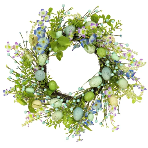 Fashion National Tree Company Artificial Spring Wreath, Woven Branch Base, Decorated With Blue Flower Blooms, Pastel Eggs, Berries, Easter Collection, 20 Inches