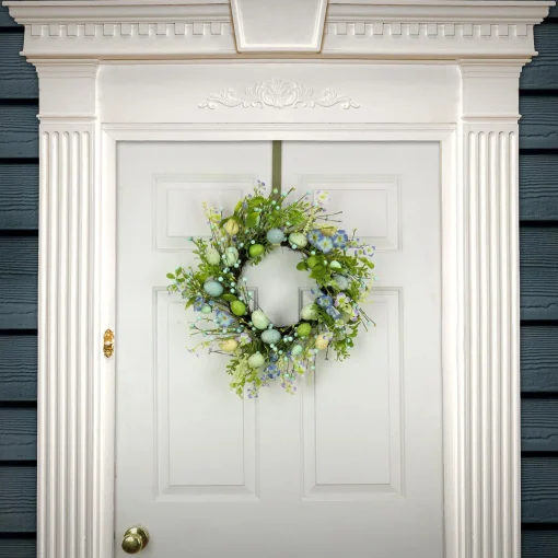 Fashion National Tree Company Artificial Spring Wreath, Woven Branch Base, Decorated With Blue Flower Blooms, Pastel Eggs, Berries, Easter Collection, 20 Inches