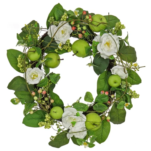 New National Tree Company Artificial Spring Wreath, Woven Branch Base, Decorated With Rose Blooms, Apples, Leafy Greens, Spring Collection, 24 Inches