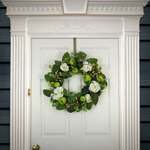 New National Tree Company Artificial Spring Wreath, Woven Branch Base, Decorated With Rose Blooms, Apples, Leafy Greens, Spring Collection, 24 Inches